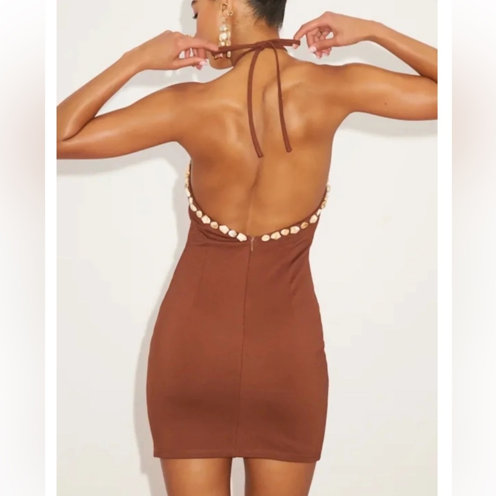 Lulu's Chocolate Brown Shell-Trim Mini Dress Size Small - Picture 3 of 8